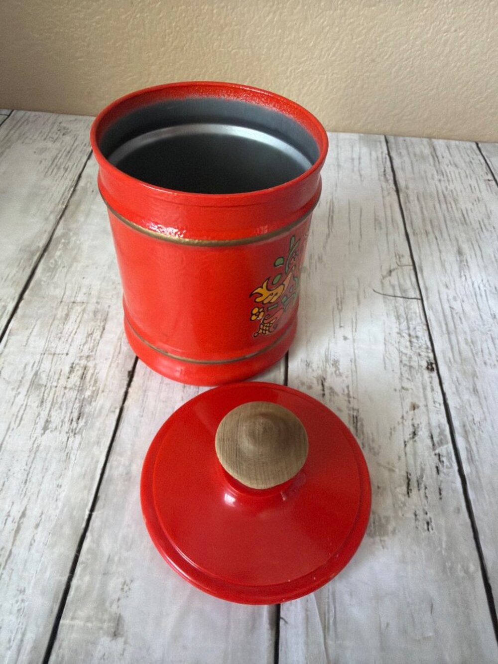 MCM Kromex Small Canister Red Birds Floral Enamel Metal K-679 USA - Replacement - Picture 5 of 11